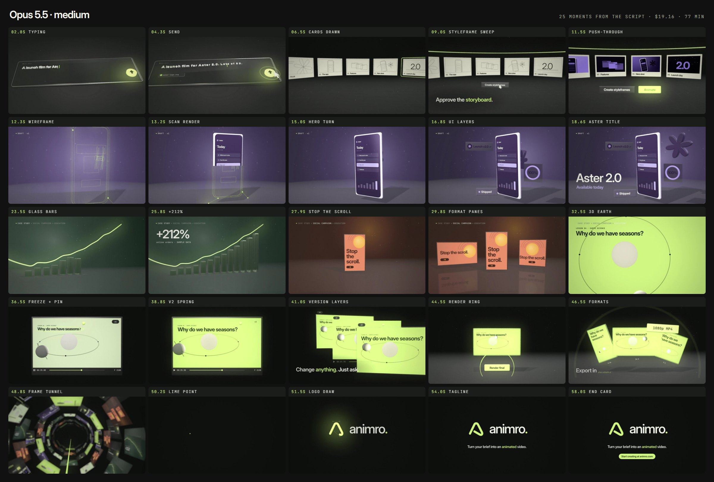 Claude Opus 5.5 · medium: 25 frames from the film, one for each key moment in the script.